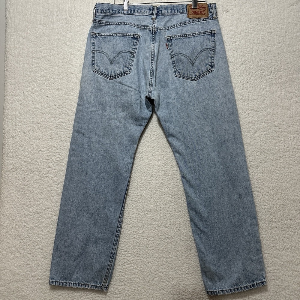 Levis‎ 505 Straight Fit Blue Denim Jeans Light Wash Distressed Actual Sz 36X28.5